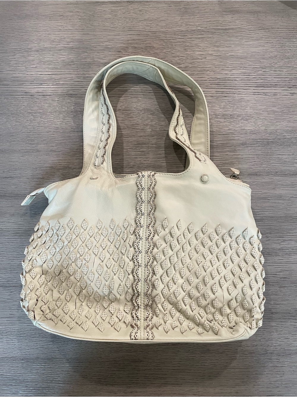 Cream Leather Woven-Detail Women’s Tote Bag